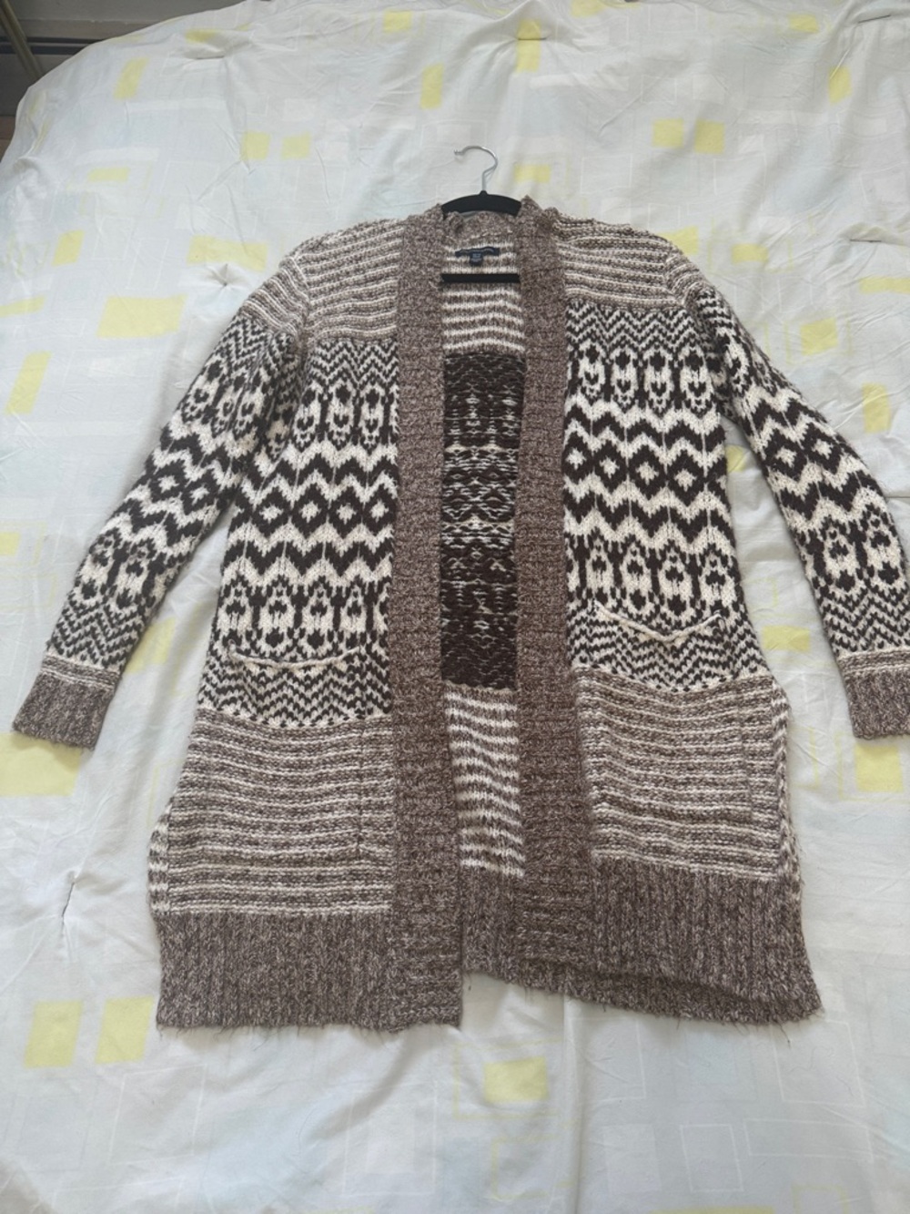 American Eagle Outfitters Brown & Cream Fair Isle Open-Front Cardigan